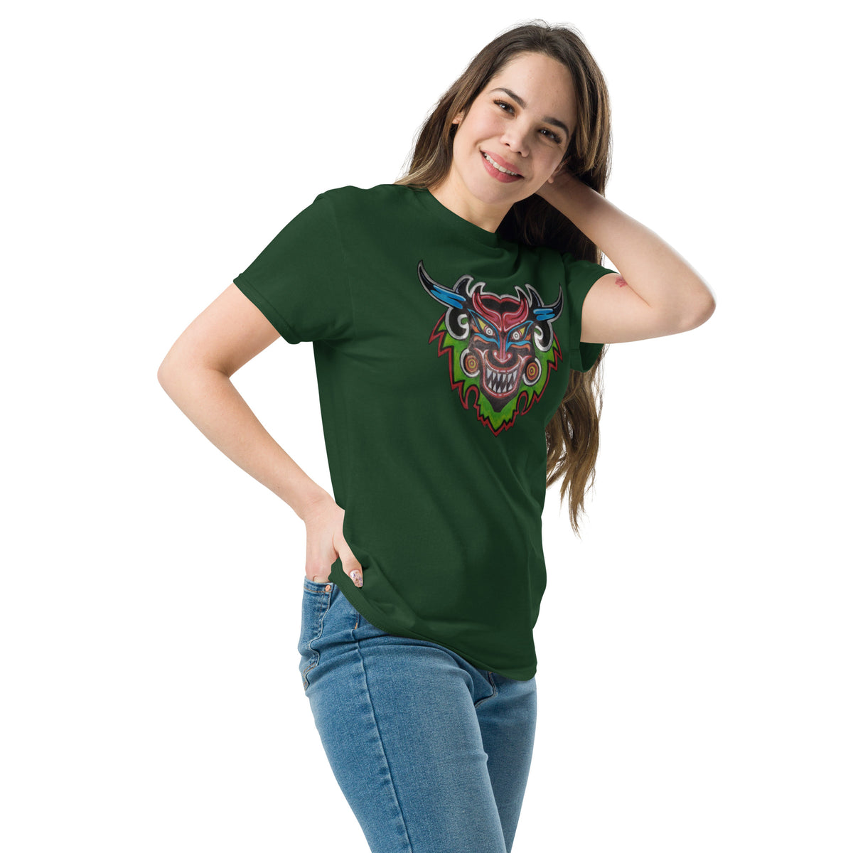 Forest green unisex t-shirt with original hand-drawn Dancing Demon folk art by Bareta Fina Designs