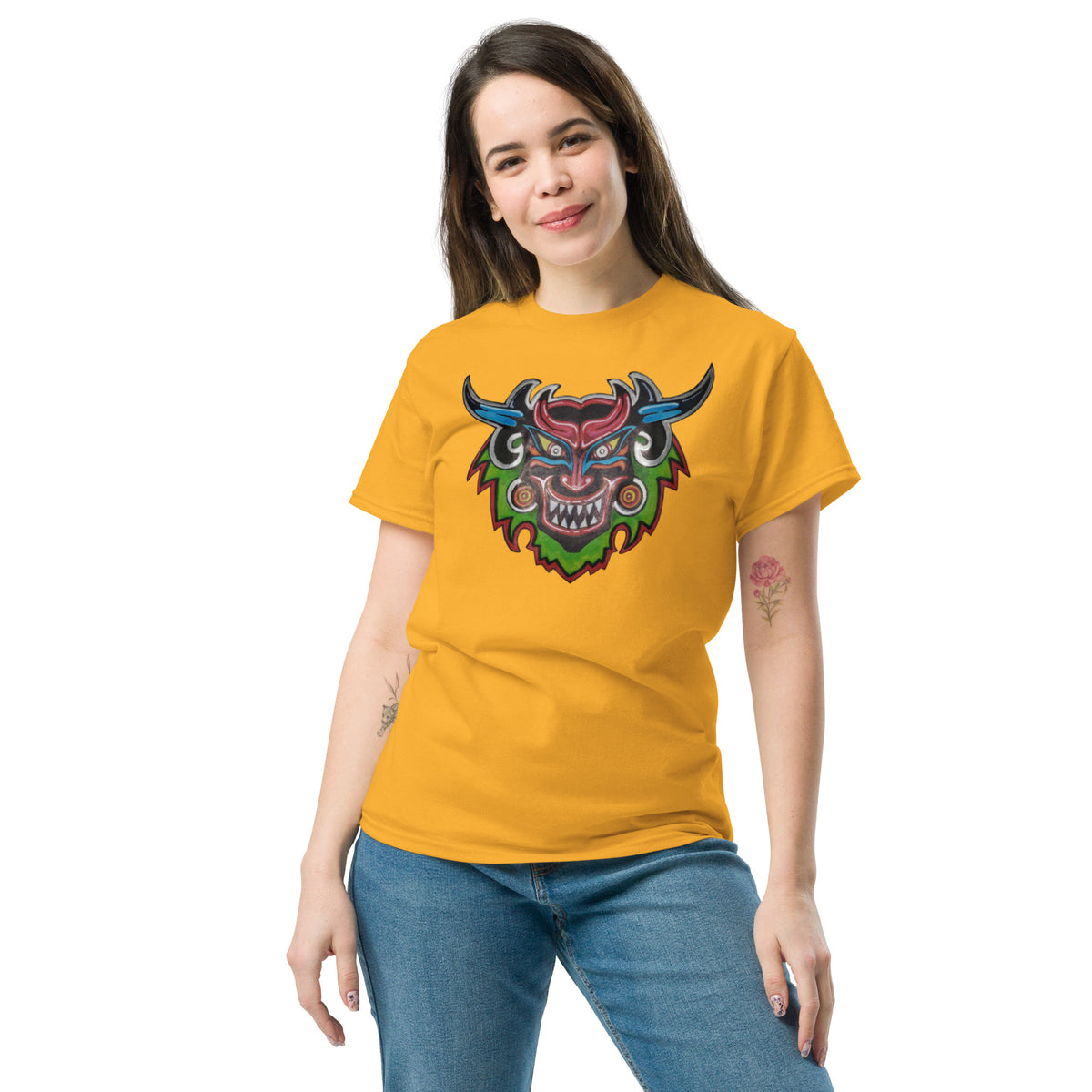 Gold unisex t-shirt with original hand-drawn Dancing Demon folk art by Bareta Fina Designs