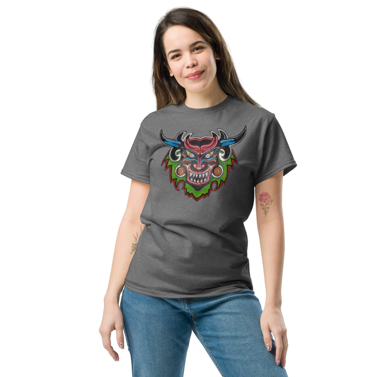Graphite heather gray unisex t-shirt with original hand-drawn Dancing Demon folk art by Bareta Fina Designs