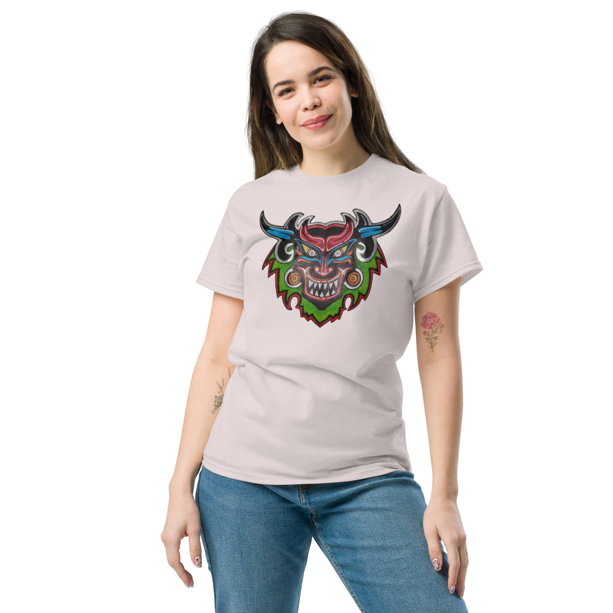 Ice gray unisex t-shirt with original hand-drawn Dancing Demon folk art by Bareta Fina Designs