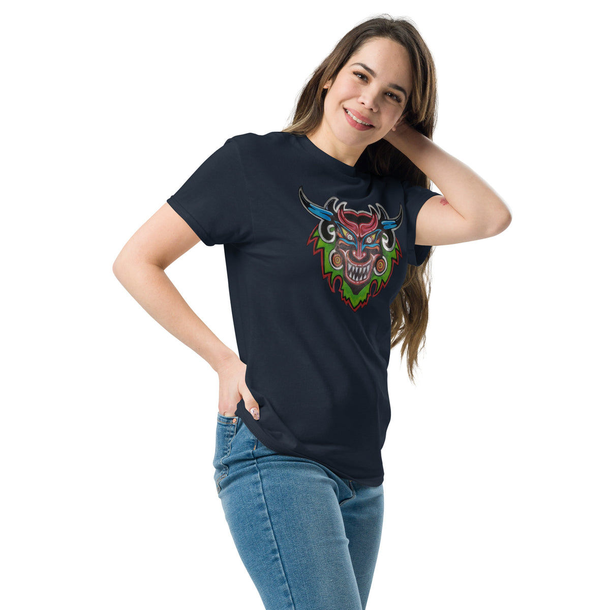 Navy unisex t-shirt with original hand-drawn Dancing Demon folk art by Bareta Fina Designs