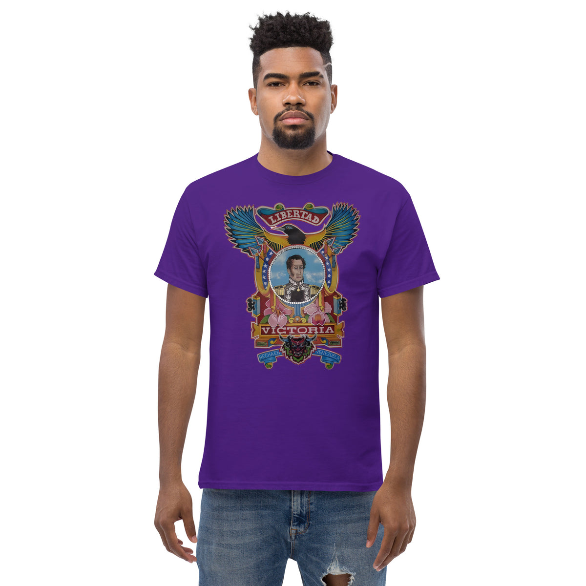 Purple unisex t-shirt with hand-drawn Simón Bolívar-inspired art – El Libertador tee by Bareta Fina Designs