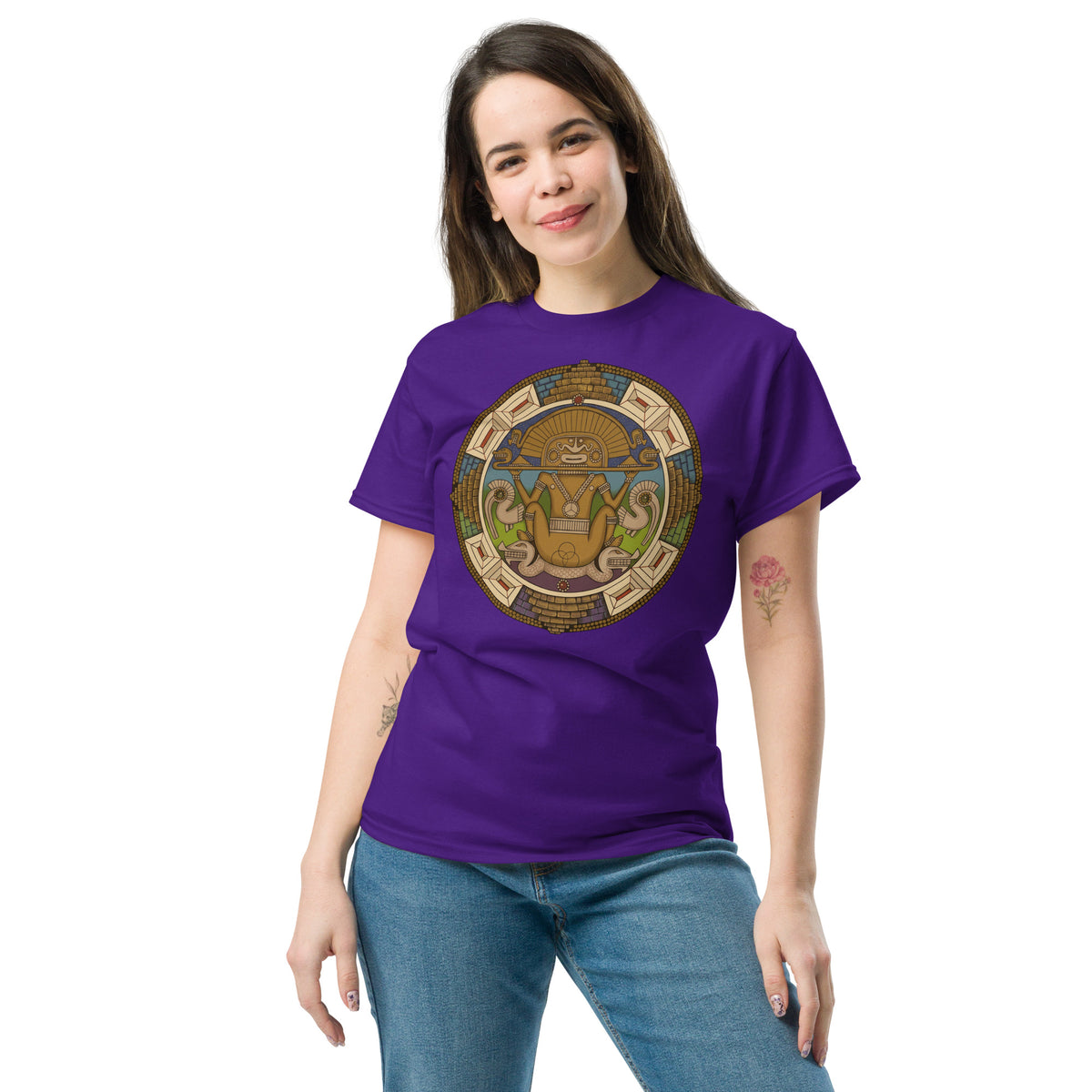 Purple unisex t-shirt with hand-drawn pre-Columbian Sun God deity art by Bareta Fina Designs