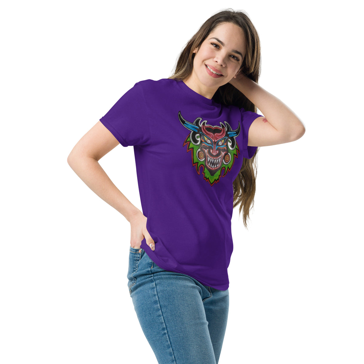 Purple unisex t-shirt with original hand-drawn Dancing Demon folk art by Bareta Fina Designs