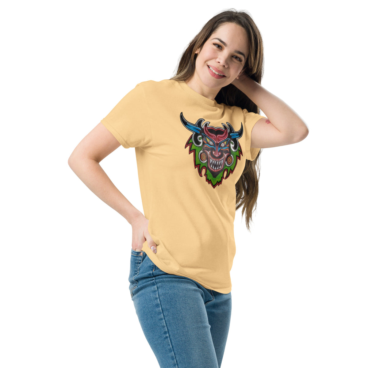 Yellow haze unisex t-shirt with original hand-drawn Dancing Demon folk art by Bareta Fina Designs