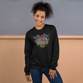 Black unisex crewneck sweatshirt with hand-drawn Dancing Demon folk art by Bareta Fina Designs