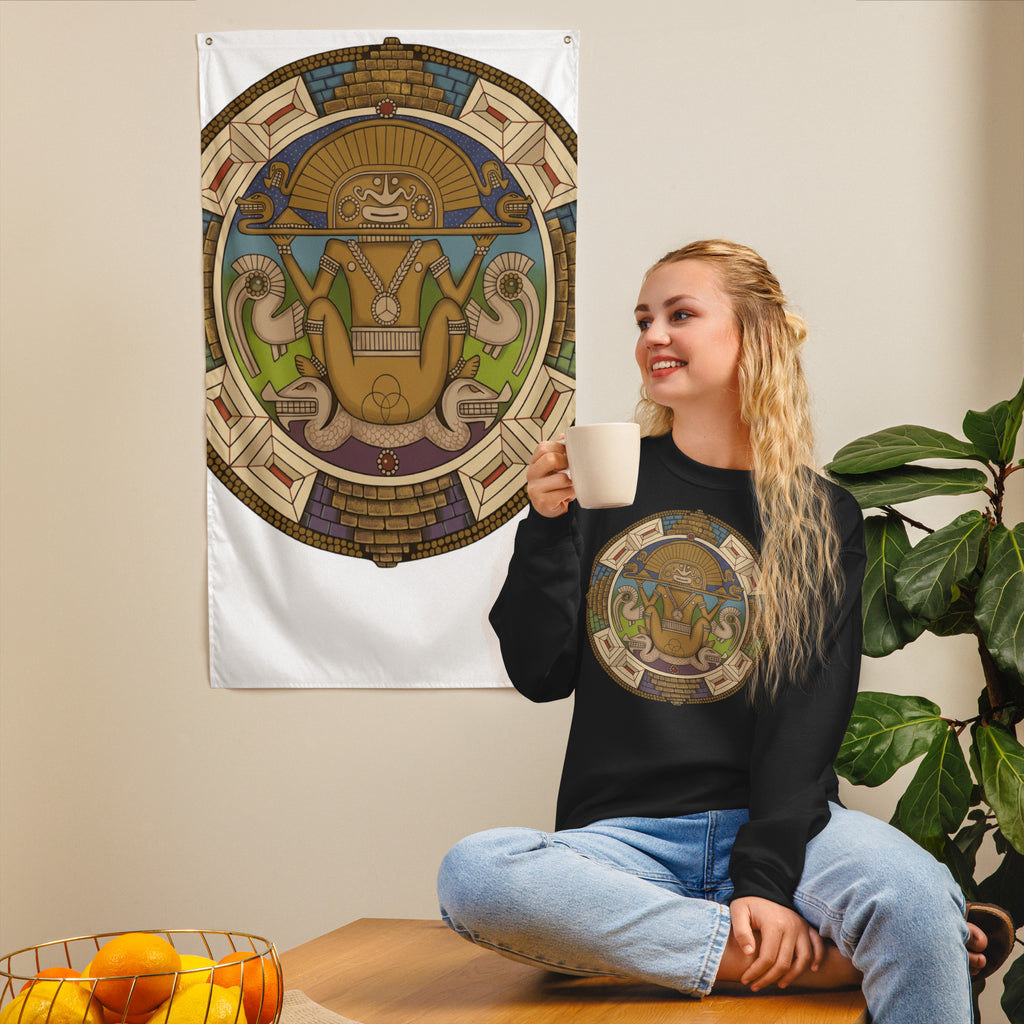 Black unisex sweatshirt with hand-drawn pre-Columbian Sun God deity art by Bareta Fina Designs