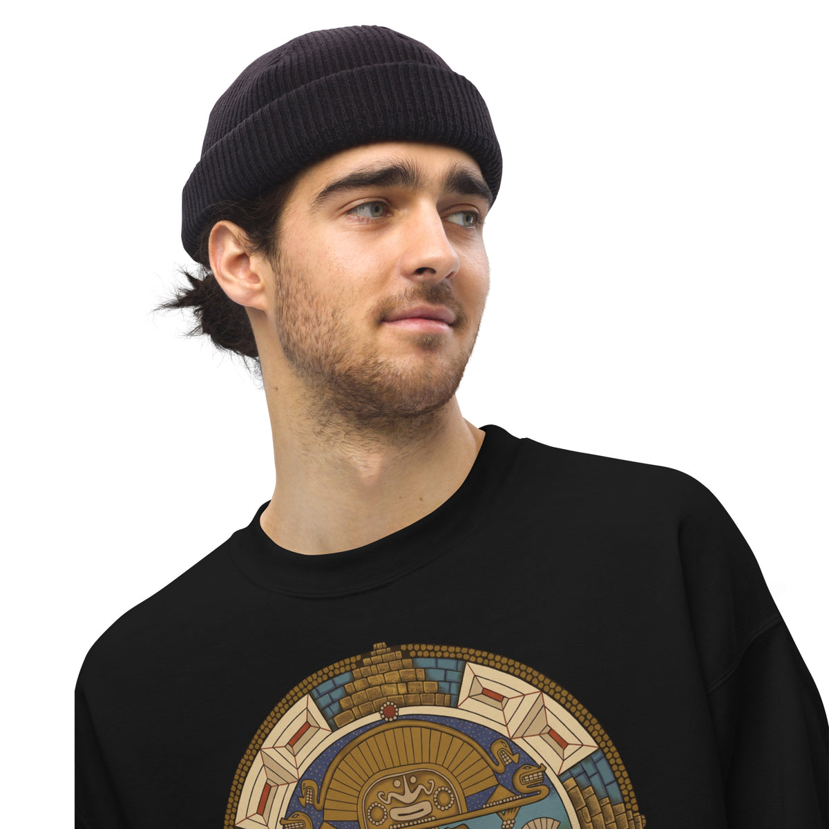 Black unisex sweatshirt with hand-drawn pre-Columbian Sun God deity art by Bareta Fina Designs