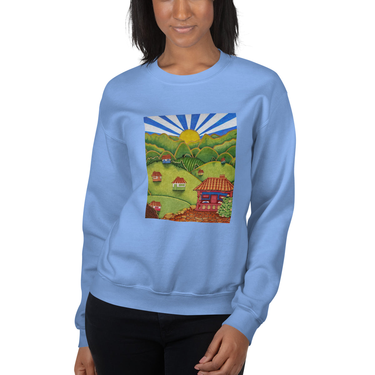 Carolina blue unisex crewneck sweatshirt with hand-drawn Colombian landscape art – Beautiful View by Bareta Fina Designs