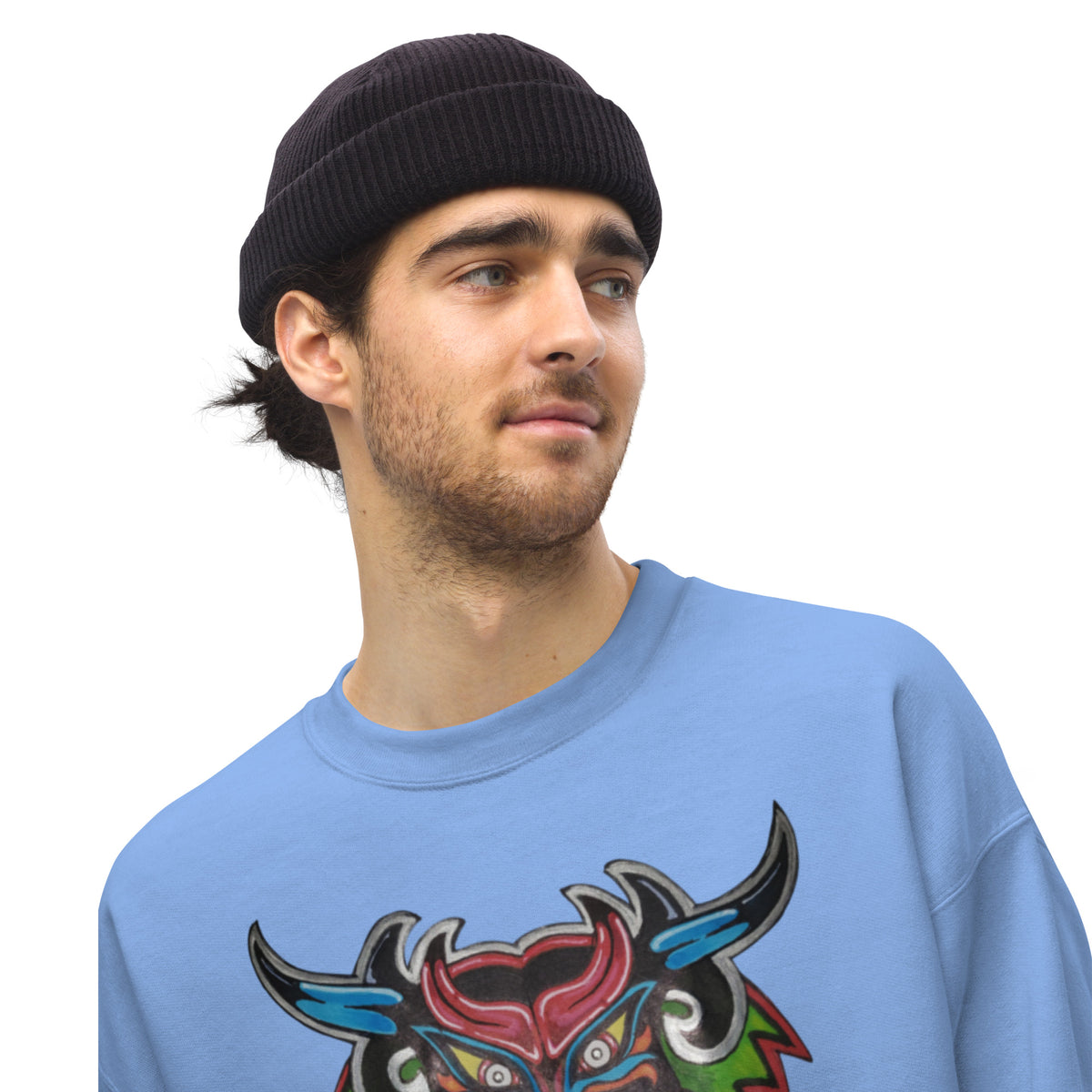 Carolina blue unisex crewneck sweatshirt with hand-drawn Dancing Demon folk art by Bareta Fina Designs