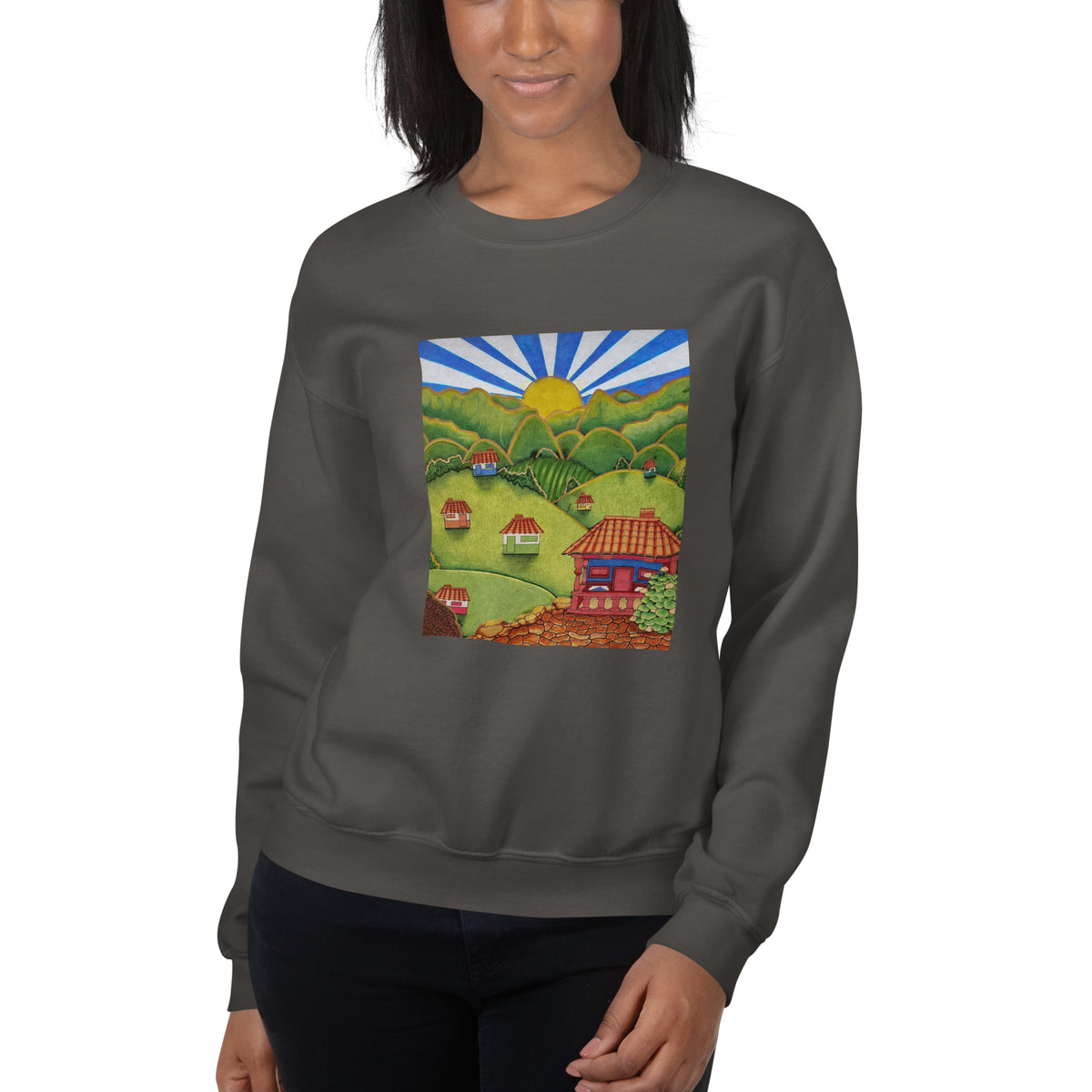 Charcoal unisex crewneck sweatshirt with hand-drawn Colombian landscape art – Beautiful View by Bareta Fina Designs
