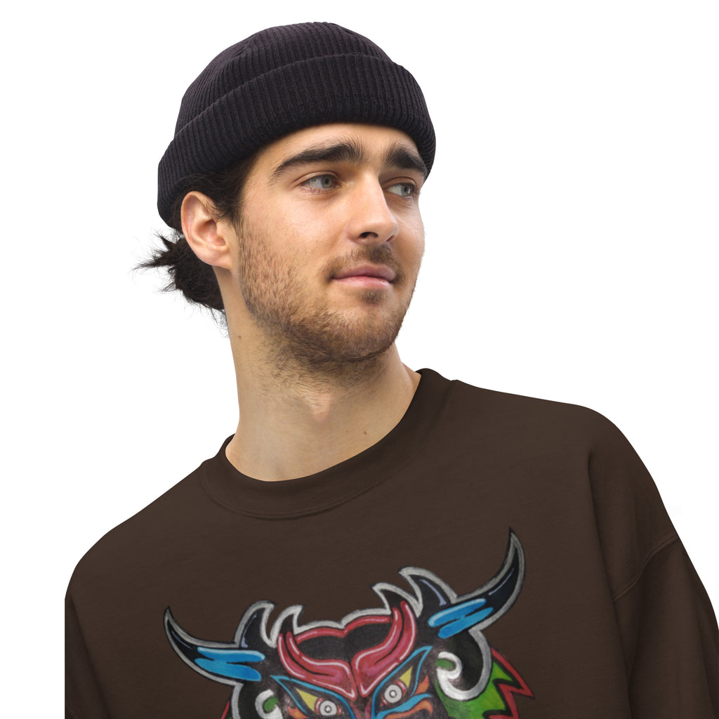 Dark chocolate brown unisex crewneck sweatshirt with hand-drawn Dancing Demon folk art by Bareta Fina Designs