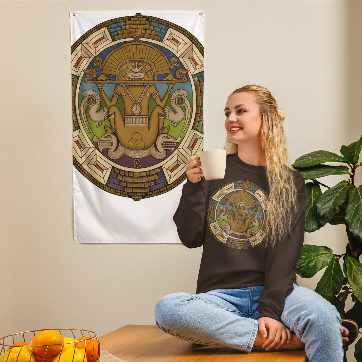 Dark Chocolate unisex sweatshirt with hand-drawn pre-Columbian Sun God deity art by Bareta Fina Designs