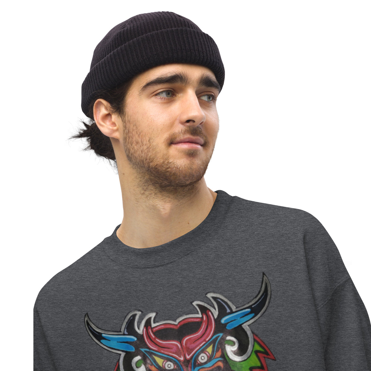 Dark heather gray unisex crewneck sweatshirt with hand-drawn Dancing Demon folk art by Bareta Fina Designs