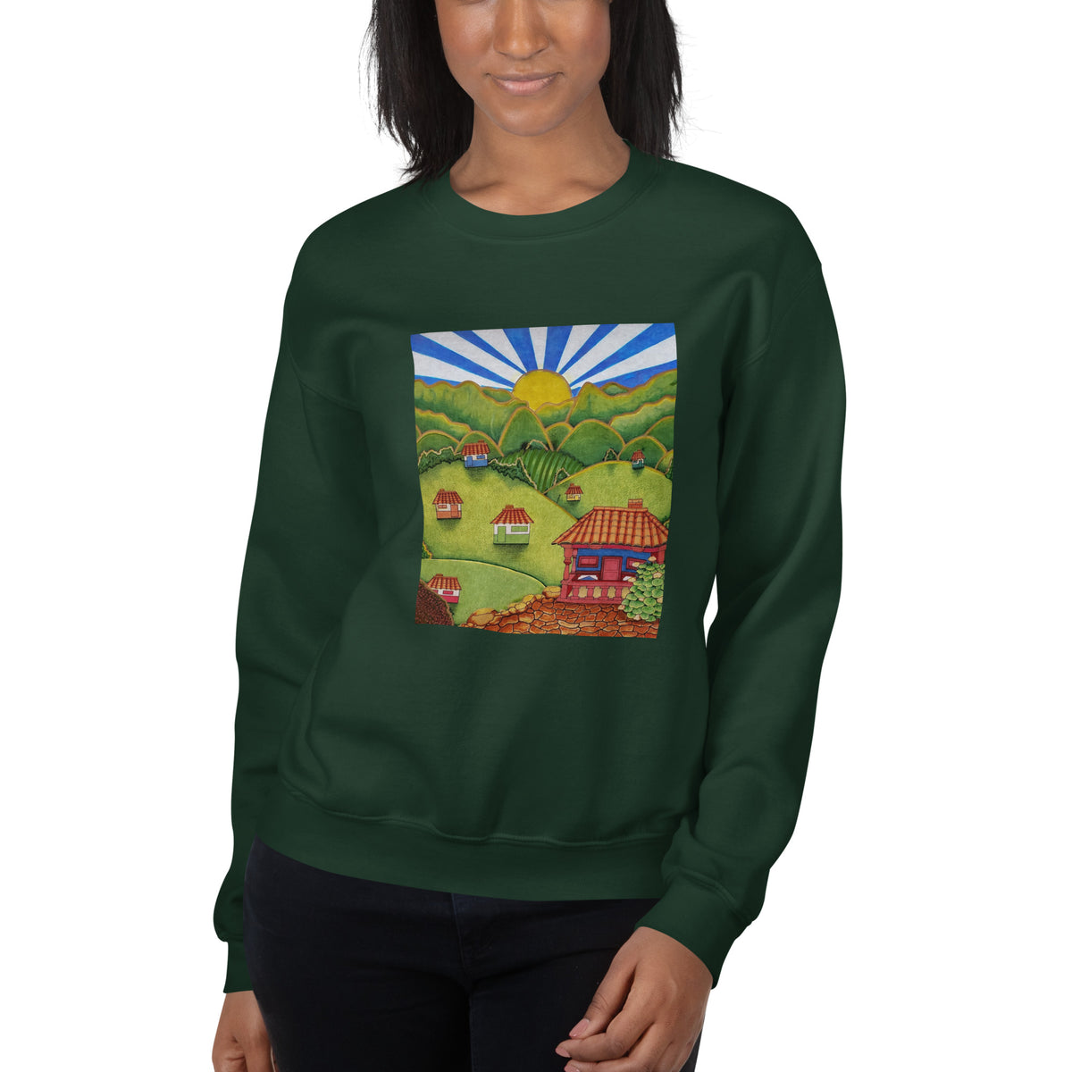 Forest green unisex crewneck sweatshirt with hand-drawn Colombian landscape art – Beautiful View by Bareta Fina Designs