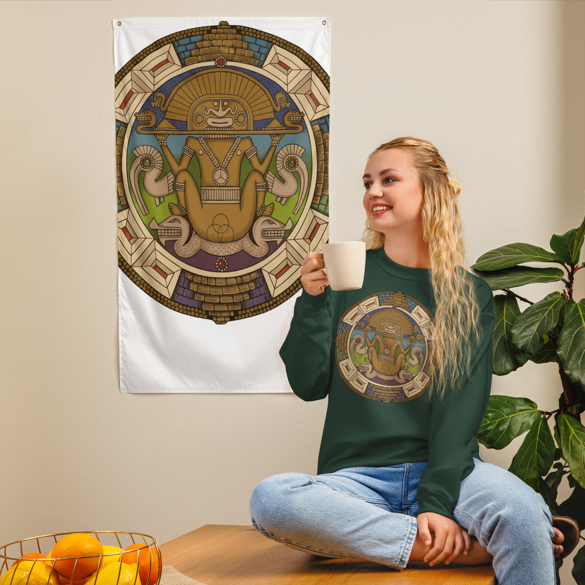 Forest Green unisex sweatshirt with hand-drawn pre-Columbian Sun God deity art by Bareta Fina Designs