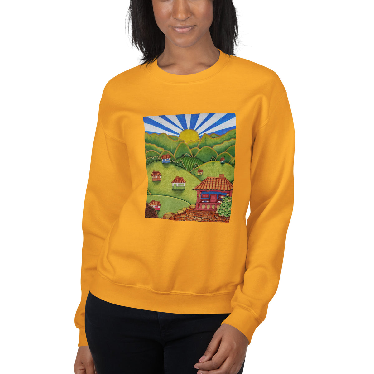 Gold unisex crewneck sweatshirt with hand-drawn Colombian landscape art – Beautiful View by Bareta Fina Designs