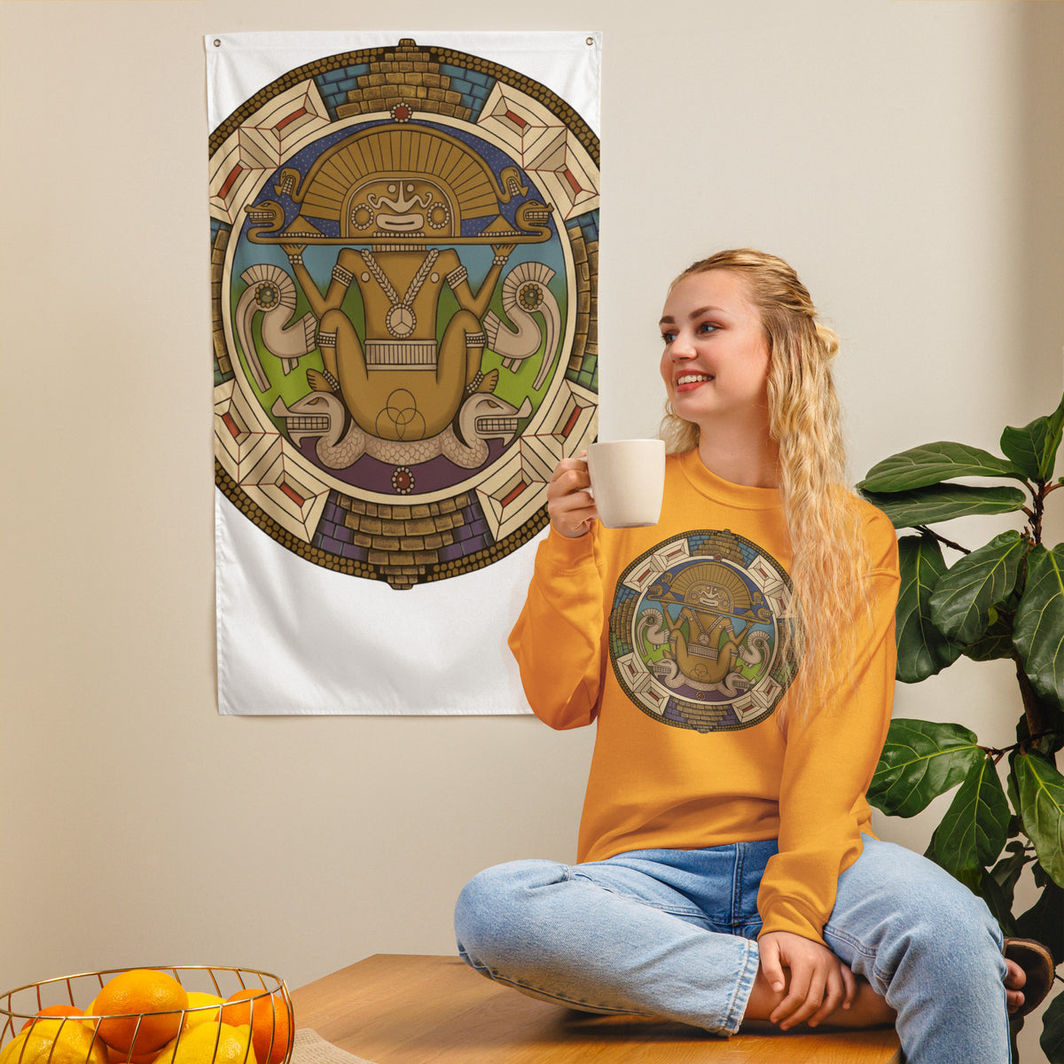 Gold unisex sweatshirt with hand-drawn pre-Columbian Sun God deity art by Bareta Fina Designs