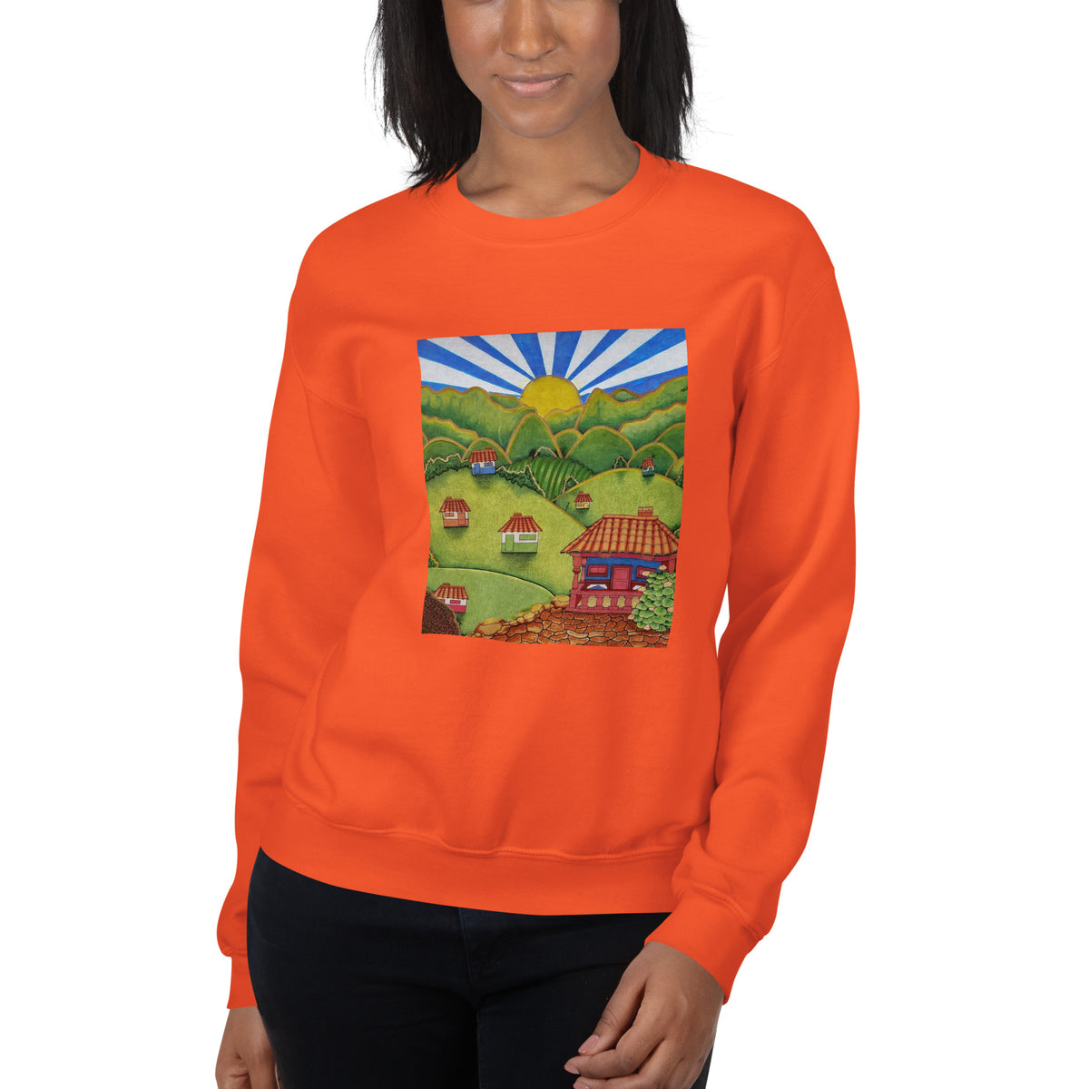 Orange unisex crewneck sweatshirt with hand-drawn Colombian landscape art – Beautiful View by Bareta Fina Designs