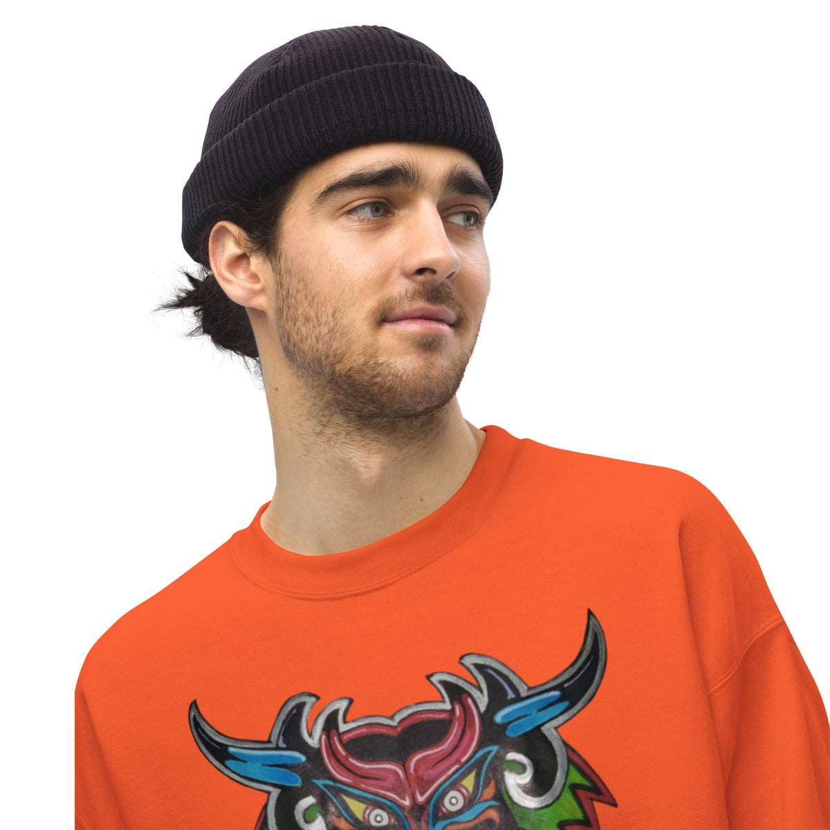Orange unisex crewneck sweatshirt with hand-drawn Dancing Demon folk art by Bareta Fina Designs