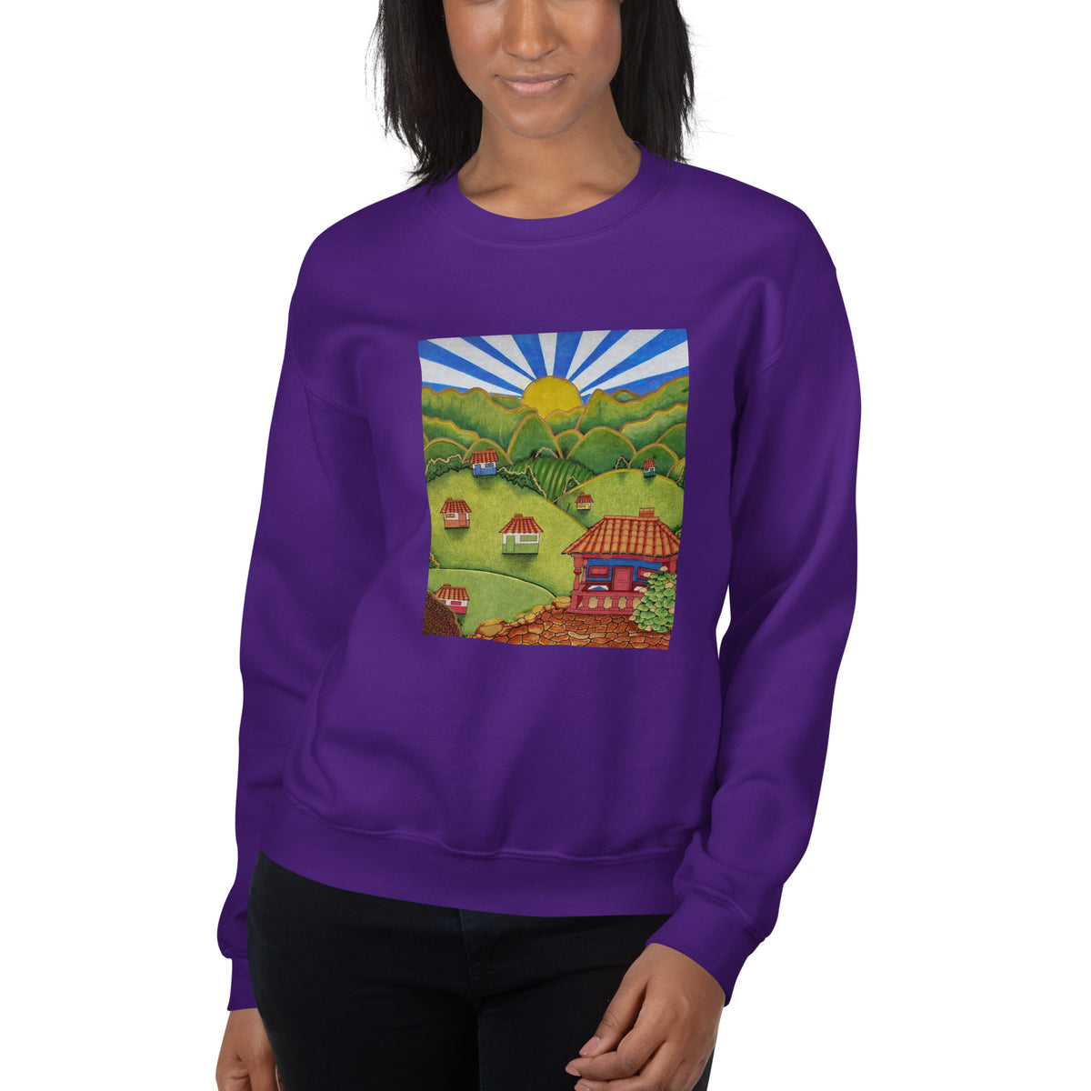 Purple unisex crewneck sweatshirt with hand-drawn Colombian landscape art – Beautiful View by Bareta Fina Designs