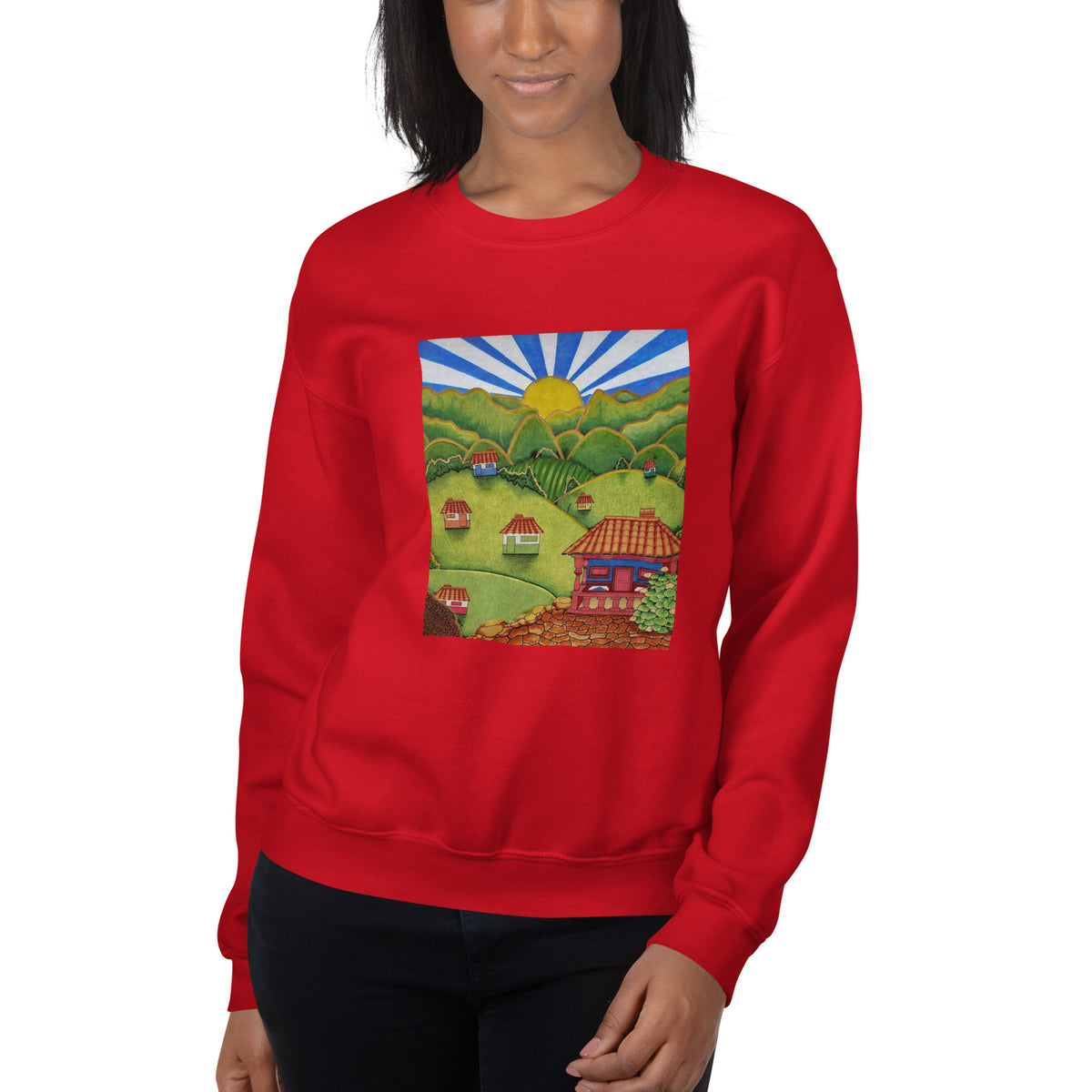 Red unisex crewneck sweatshirt with hand-drawn Colombian landscape art – Beautiful View by Bareta Fina Designs