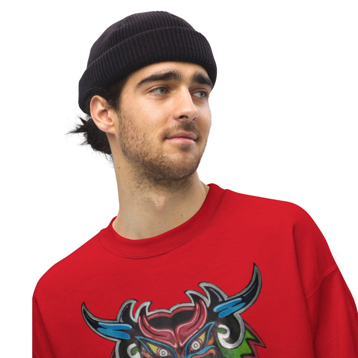 Red unisex crewneck sweatshirt with hand-drawn Dancing Demon folk art by Bareta Fina Designs