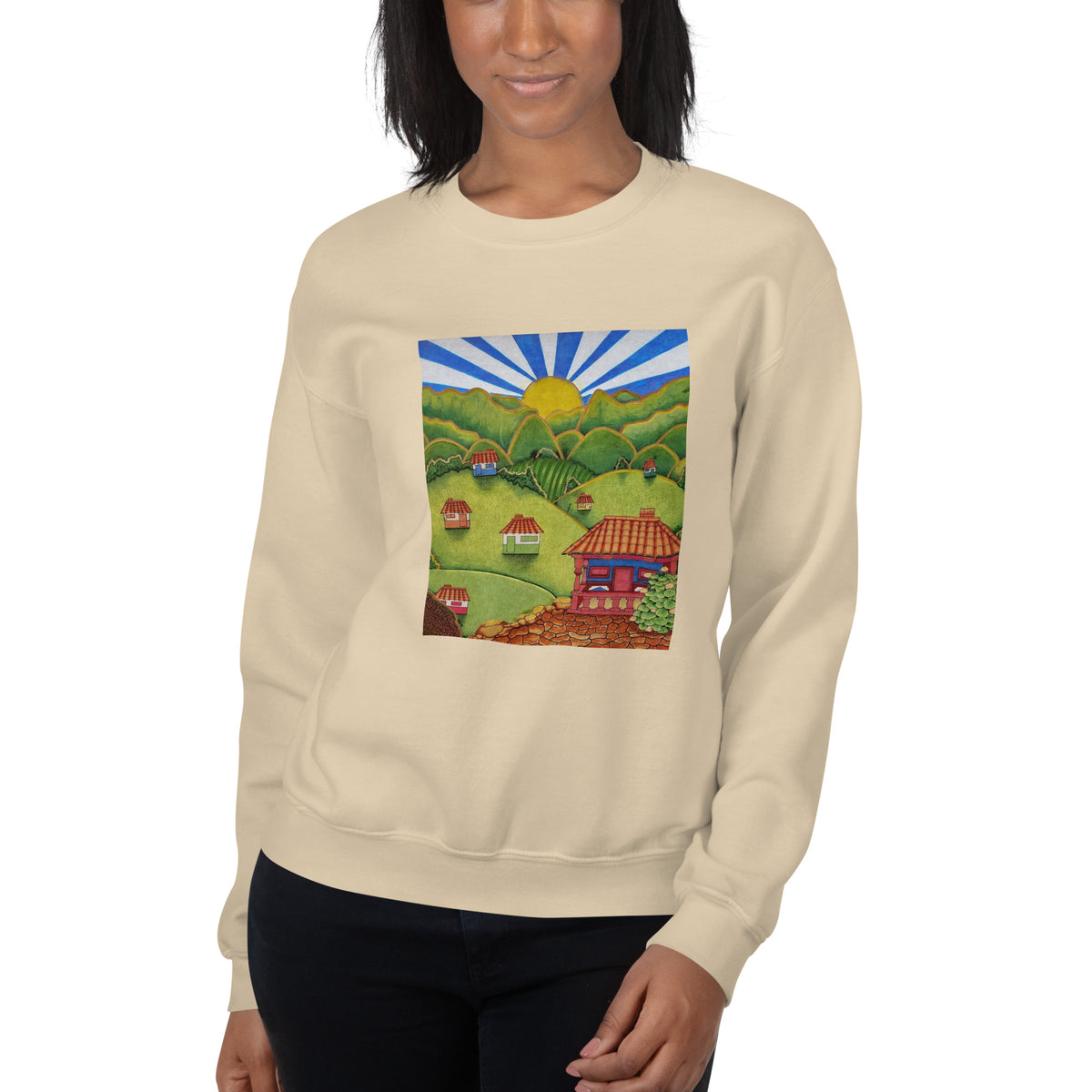 Sand unisex crewneck sweatshirt with hand-drawn Colombian landscape art – Beautiful View by Bareta Fina Designs