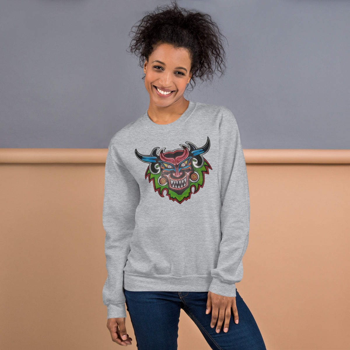 Sport gray unisex crewneck sweatshirt with hand-drawn Dancing Demon folk art by Bareta Fina Designs