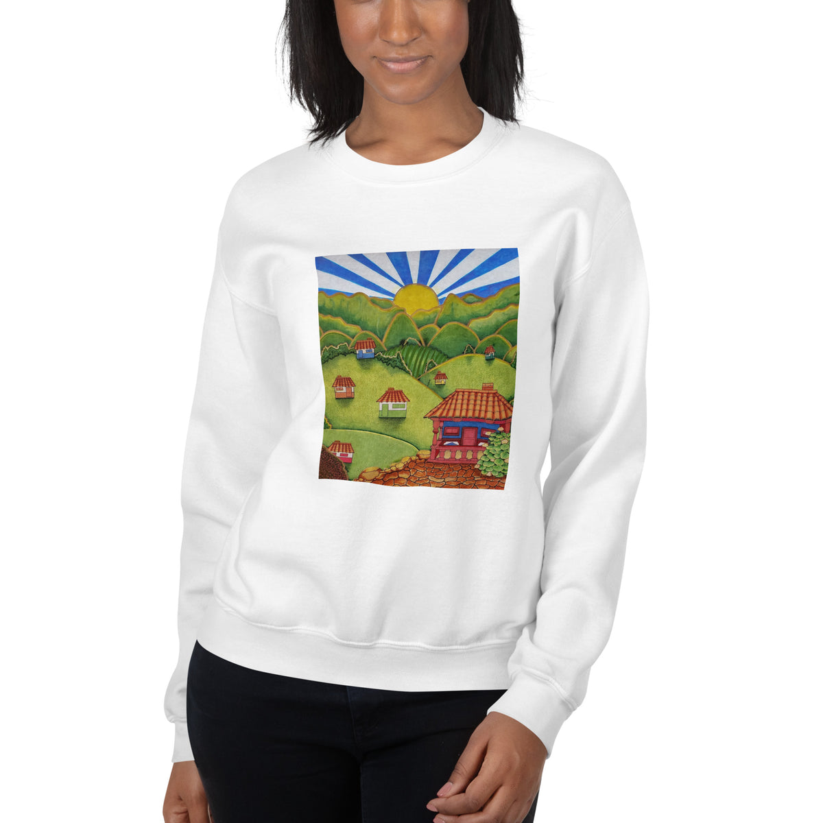 White unisex crewneck sweatshirt with hand-drawn Colombian landscape art – Beautiful View by Bareta Fina Designs