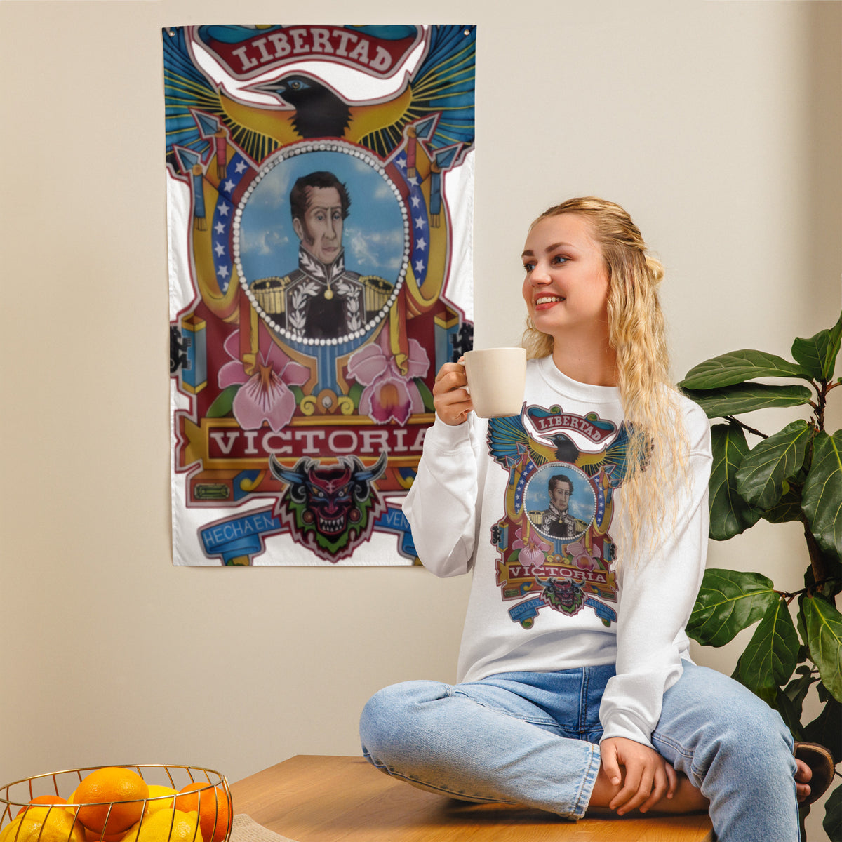 White unisex sweatshirt with hand-drawn Simón Bolívar-inspired art – El Libertador sweatshirt by Bareta Fina Designs