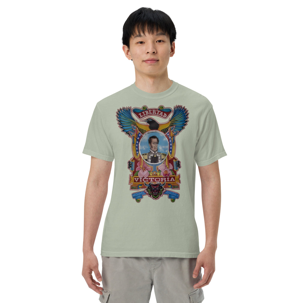 Bay unisex heavyweight tee with hand-drawn Simón Bolívar-inspired art – El Libertador heavyweight tee by Bareta Fina Designs