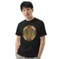 Black garment-dyed heavyweight t-shirt with hand-drawn pre-Columbian Sun God art by Bareta Fina Designs