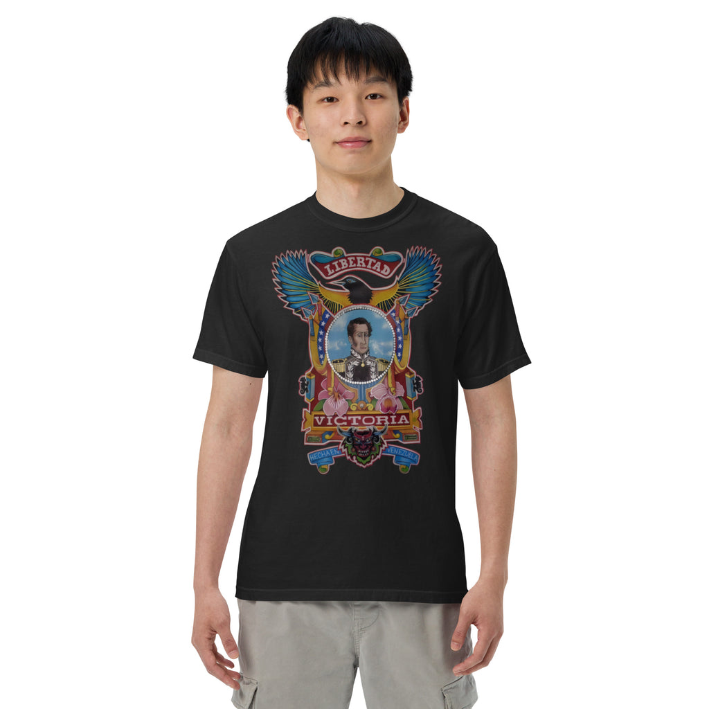 Black unisex heavyweight tee with hand-drawn Simón Bolívar-inspired art – El Libertador heavyweight tee by Bareta Fina Designs