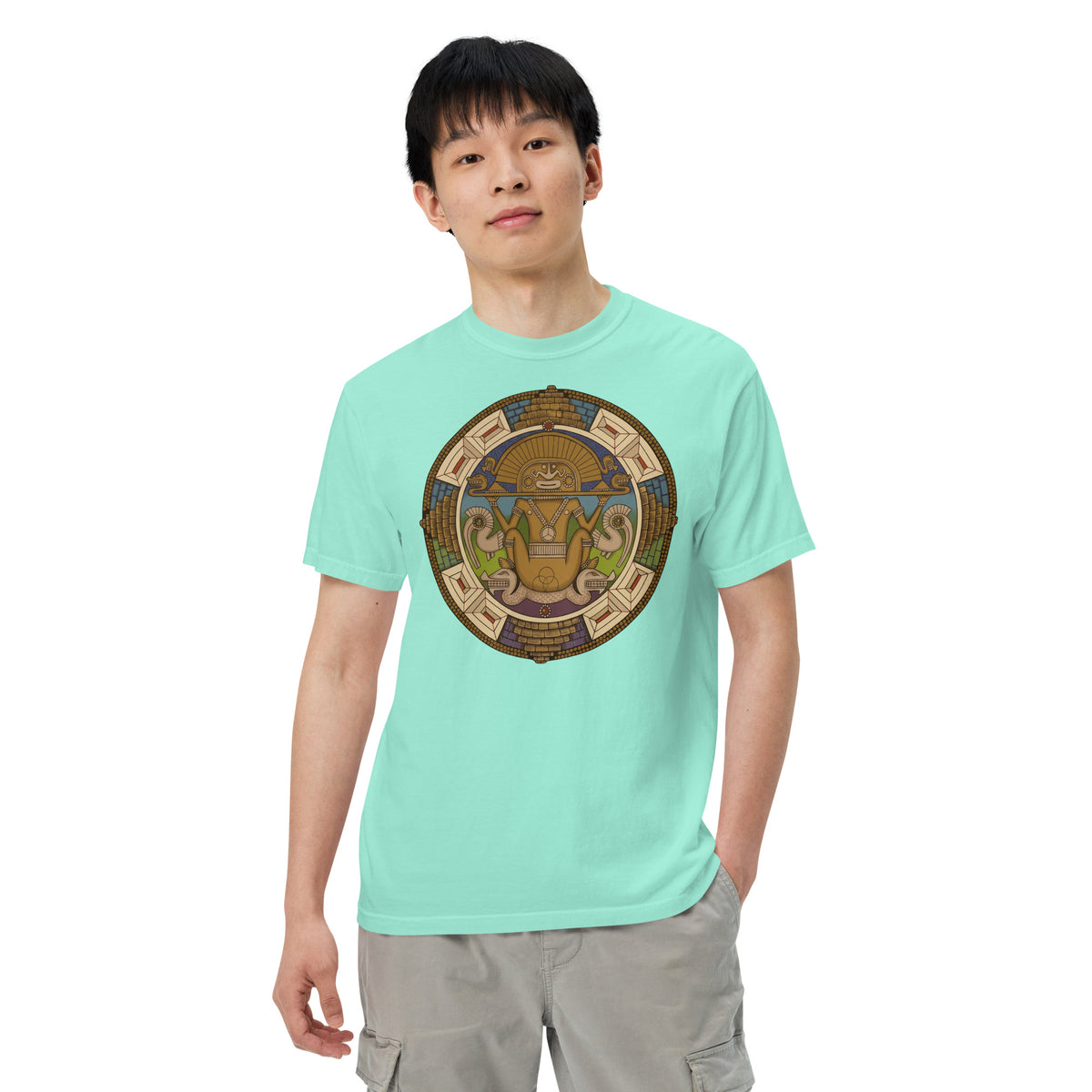 Chalky mint garment-dyed heavyweight t-shirt with hand-drawn pre-Columbian Sun God art by Bareta Fina Designs
