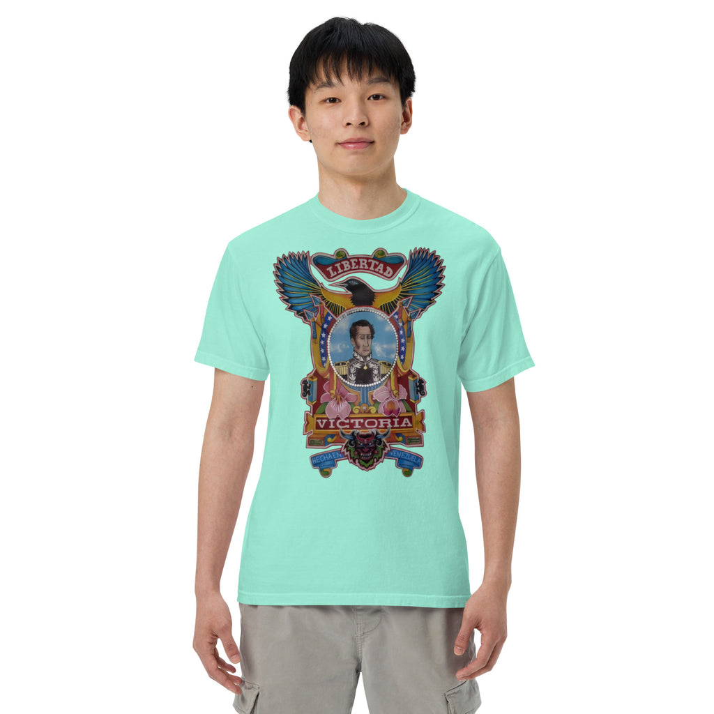 Chalky mint unisex heavyweight tee with hand-drawn Simón Bolívar-inspired art – El Libertador heavyweight tee by Bareta Fina Designs