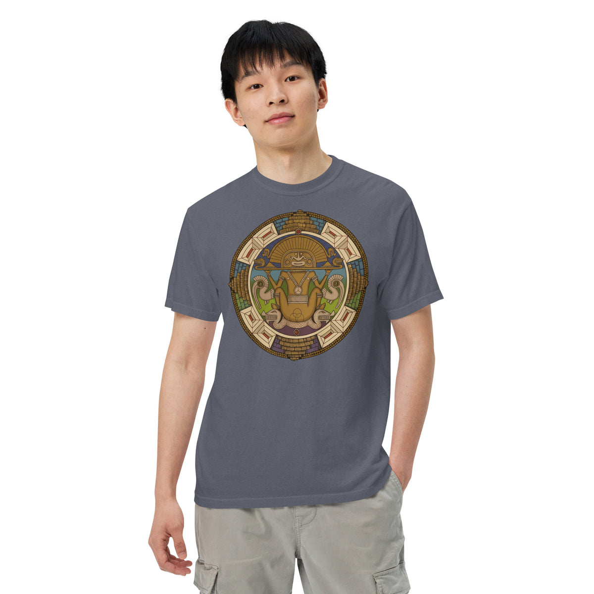 Denim garment-dyed heavyweight t-shirt with hand-drawn pre-Columbian Sun God art by Bareta Fina Designs
