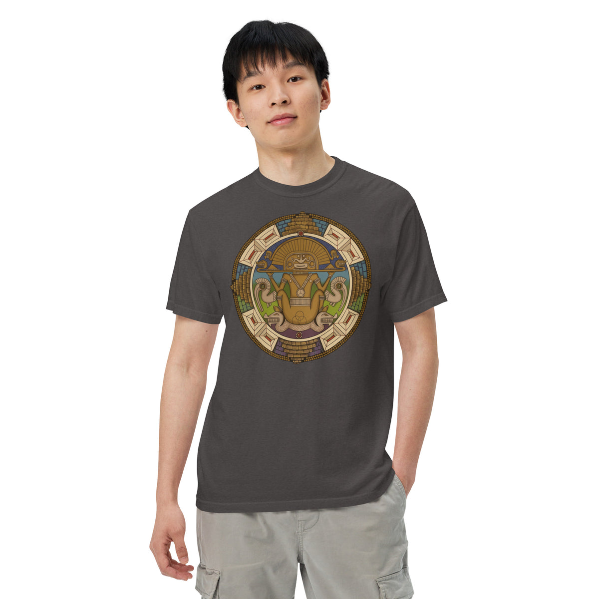 Graphite garment-dyed heavyweight t-shirt with hand-drawn pre-Columbian Sun God art by Bareta Fina Designs