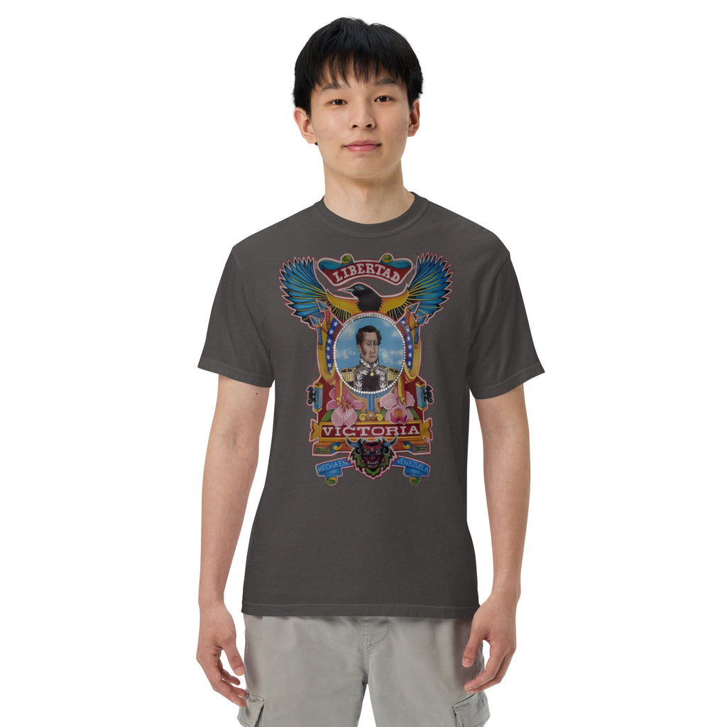 Graphite unisex heavyweight tee with hand-drawn Simón Bolívar-inspired art – El Libertador heavyweight tee by Bareta Fina Designs