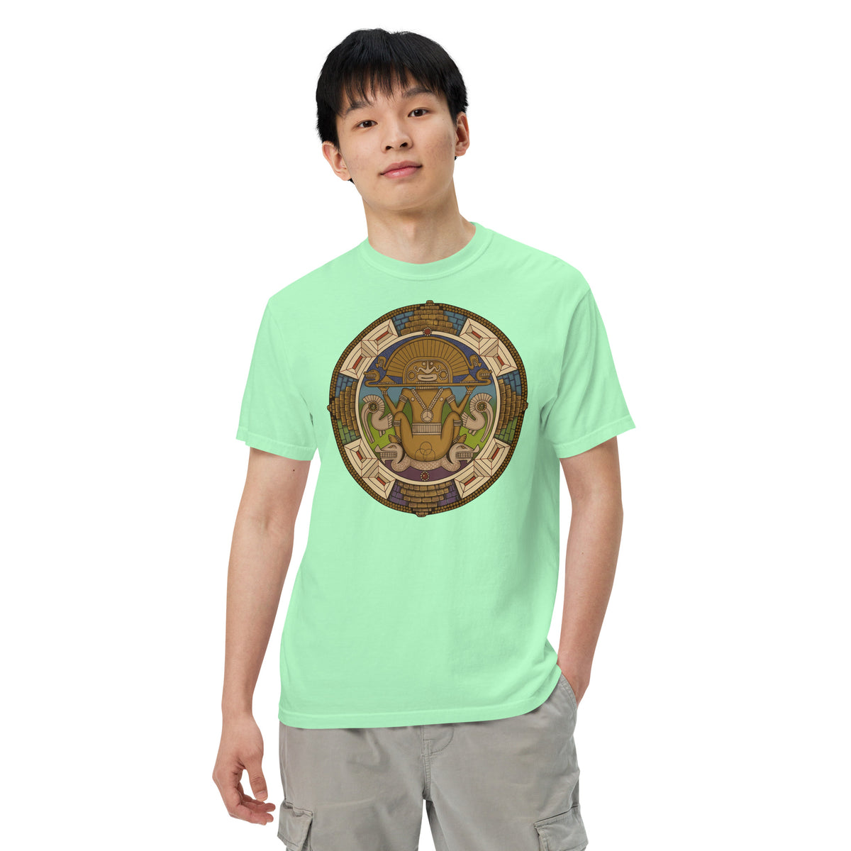 Island reef garment-dyed heavyweight t-shirt with hand-drawn pre-Columbian Sun God art by Bareta Fina Designs