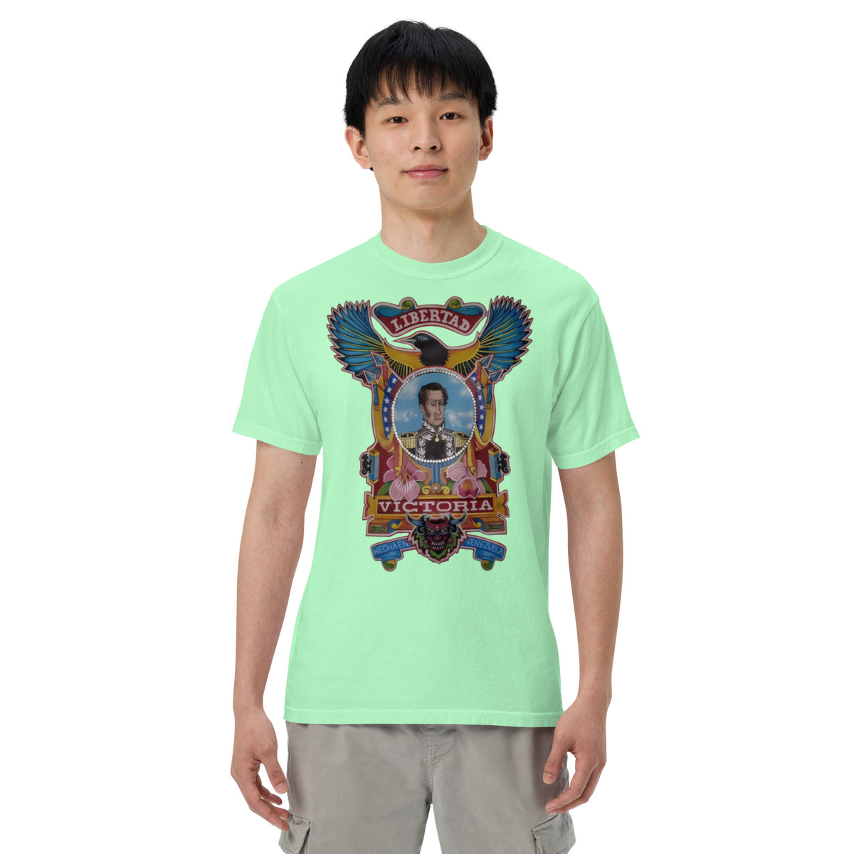 Island reef unisex heavyweight tee with hand-drawn Simón Bolívar-inspired art – El Libertador heavyweight tee by Bareta Fina Designs