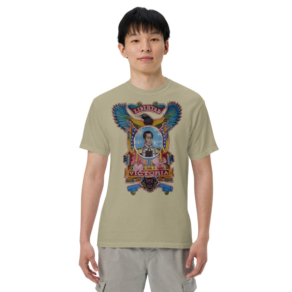 Khaki unisex heavyweight tee with hand-drawn Simón Bolívar-inspired art – El Libertador heavyweight tee by Bareta Fina Designs