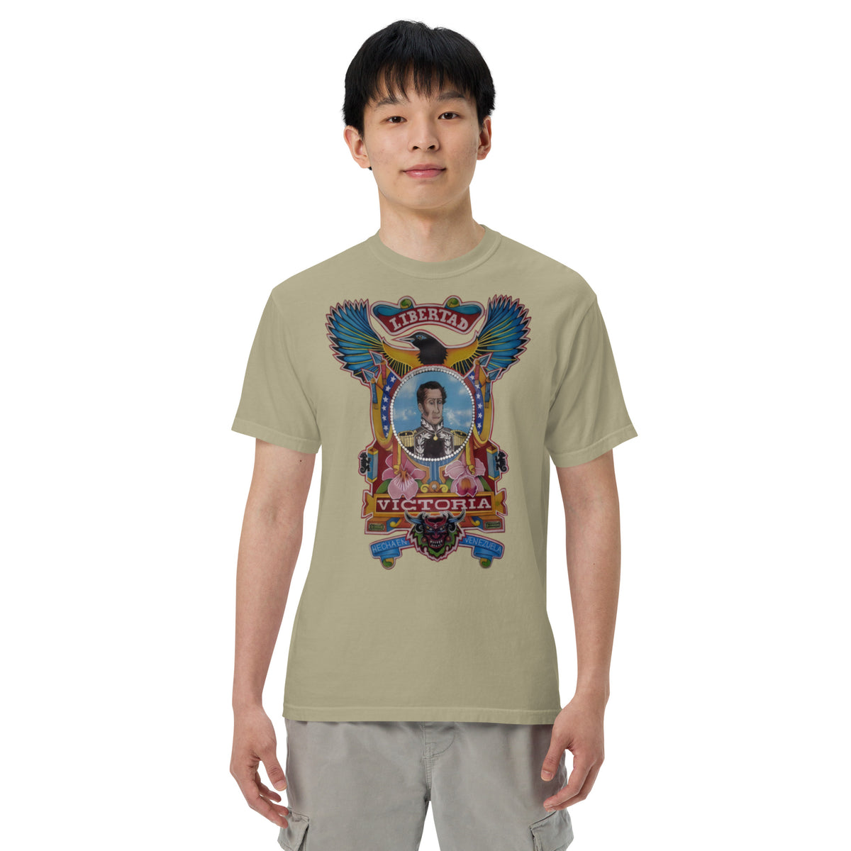 Khaki unisex heavyweight tee with hand-drawn Simón Bolívar-inspired art – El Libertador heavyweight tee by Bareta Fina Designs