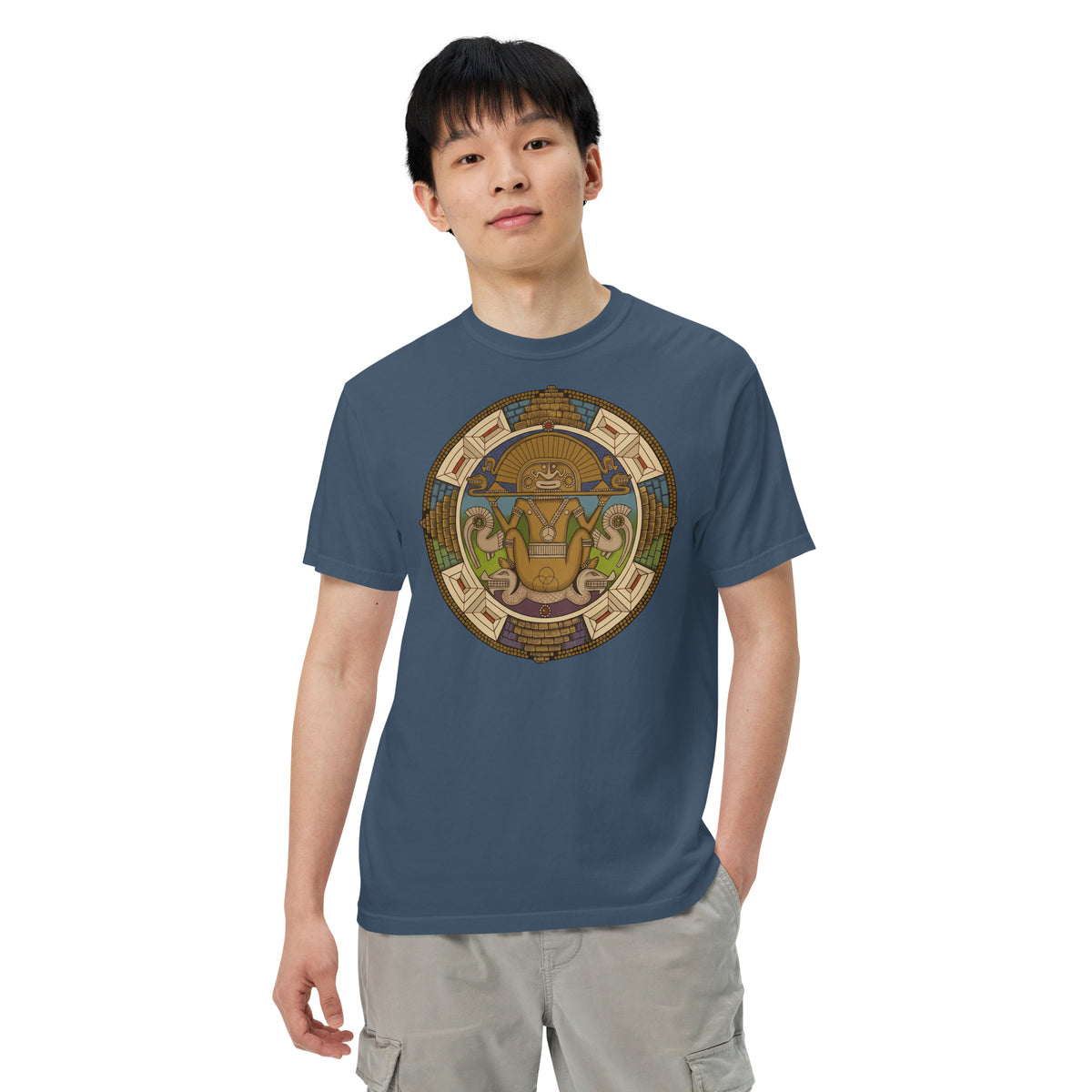 Midnight garment-dyed heavyweight t-shirt with hand-drawn pre-Columbian Sun God art by Bareta Fina Designs