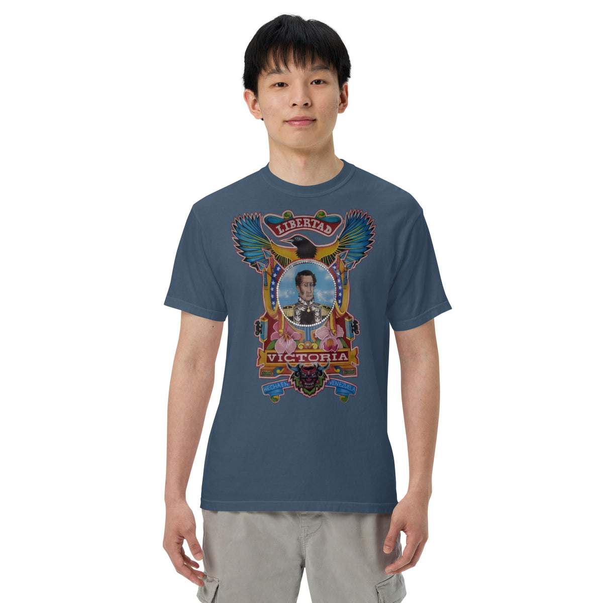 Midnight unisex heavyweight tee with hand-drawn Simón Bolívar-inspired art – El Libertador heavyweight tee by Bareta Fina Designs