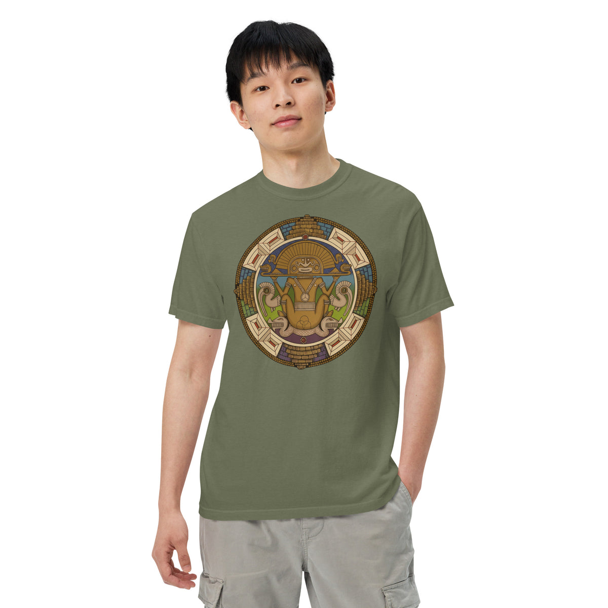 Moss garment-dyed heavyweight t-shirt with hand-drawn pre-Columbian Sun God art by Bareta Fina Designs
