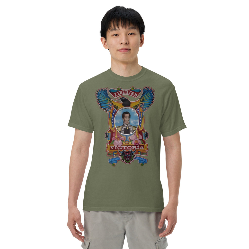Moss unisex heavyweight tee with hand-drawn Simón Bolívar-inspired art – El Libertador heavyweight tee by Bareta Fina Designs