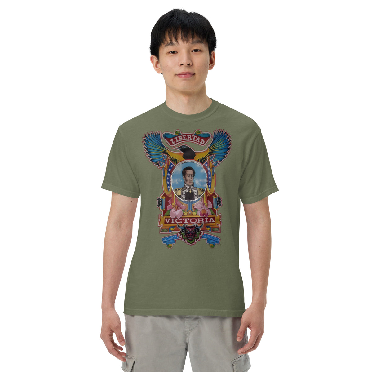 Moss unisex heavyweight tee with hand-drawn Simón Bolívar-inspired art – El Libertador heavyweight tee by Bareta Fina Designs
