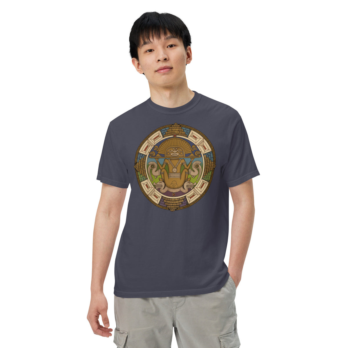 Navy garment-dyed heavyweight t-shirt with hand-drawn pre-Columbian Sun God art by Bareta Fina Designs