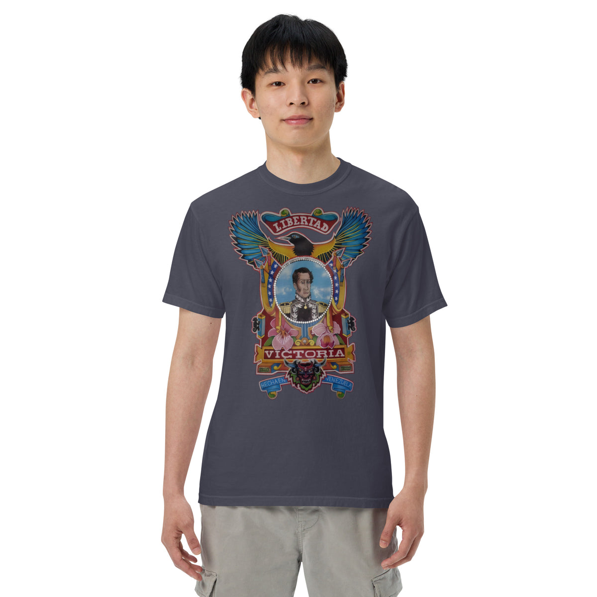 Navy unisex heavyweight tee with hand-drawn Simón Bolívar-inspired art – El Libertador heavyweight tee by Bareta Fina Designs